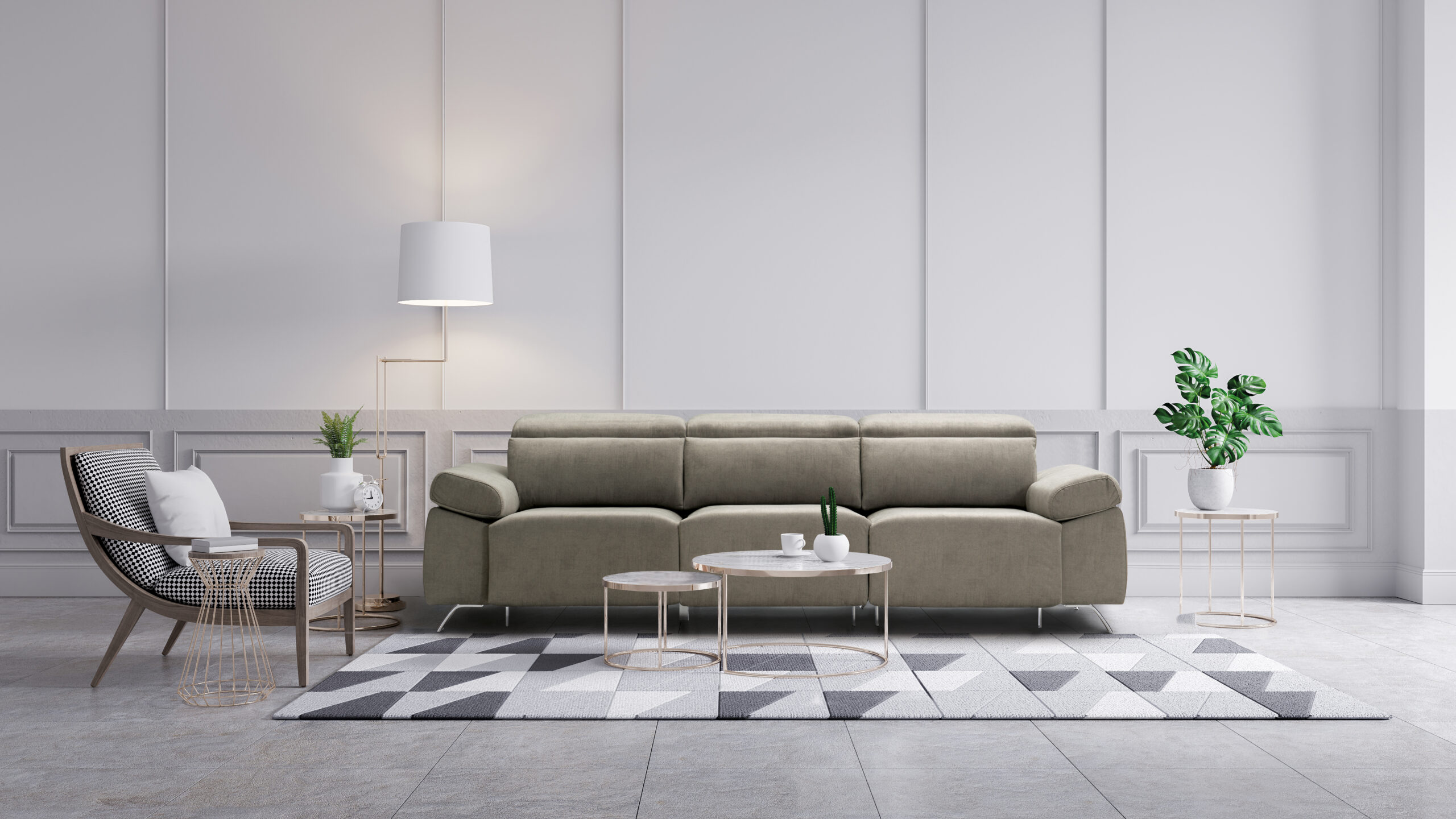 Modern classic interior of living room, gray sofa and marble table on white wall panels and concrete wall,3d rendering